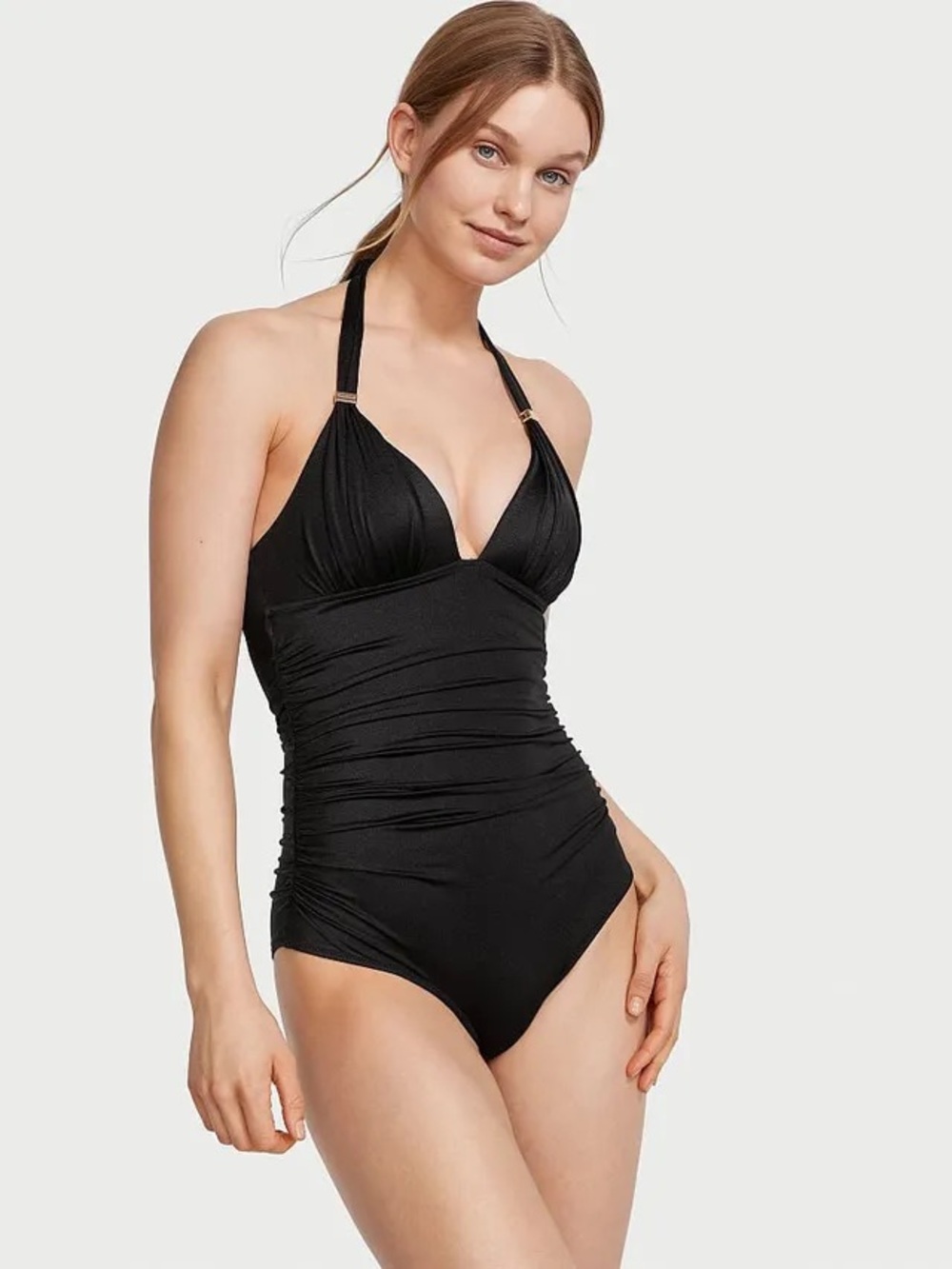 Victoria’s Secret Black Halter One Piece Swimsuit Gold Hardware S NWOT